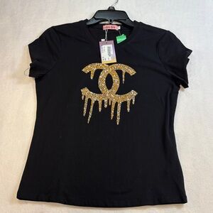 Elegant Black Tee with Gold Glitter Logo